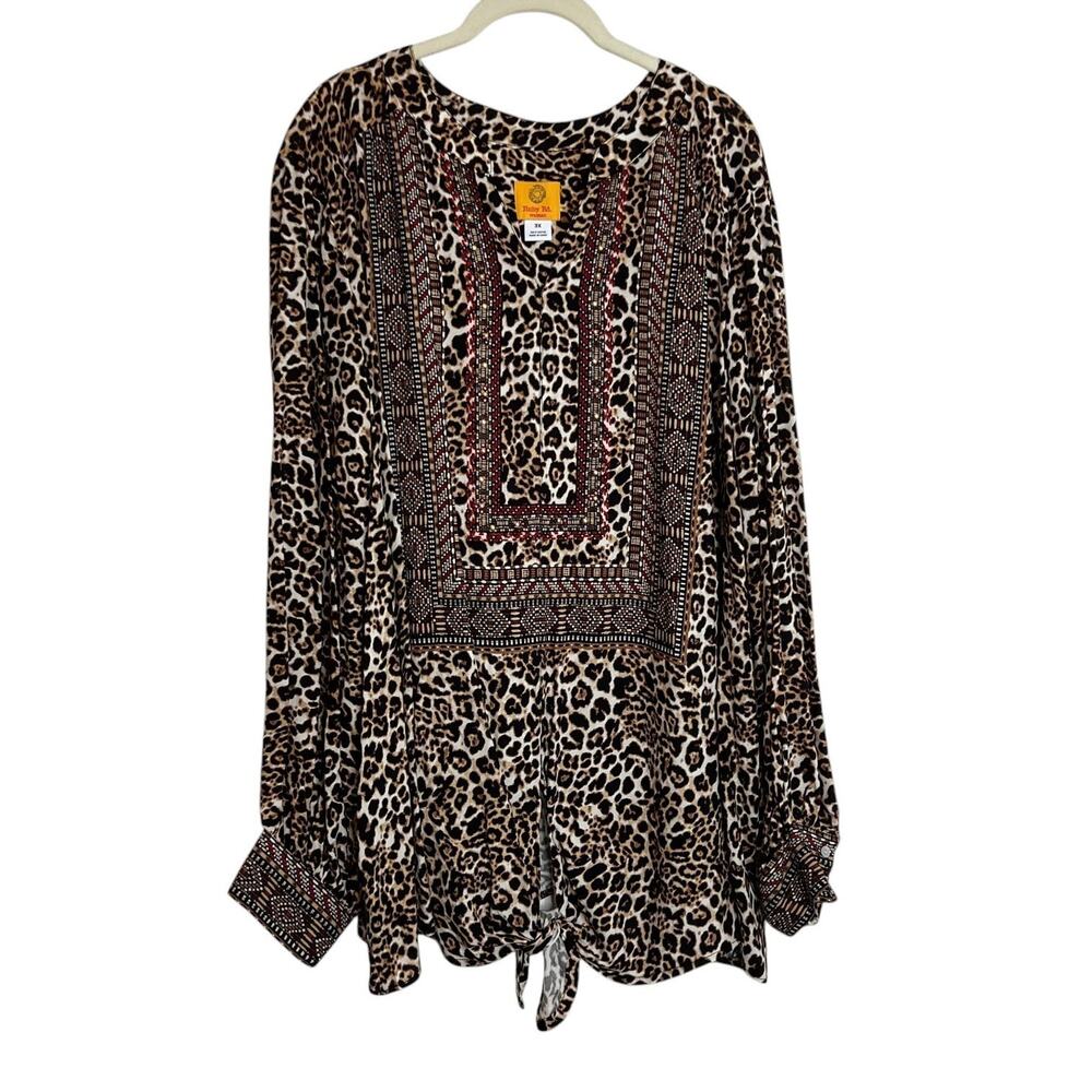 Ruby Rd Woman Blouse 3X Leopard Animal Print Tie Front Stud Embellished Rayon